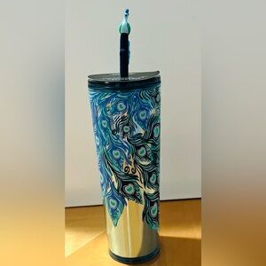 Starbucks Tumbler with Green and Blue Peacock Topper